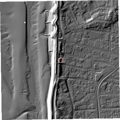 Shaded relief map of the ground around FY51TD, computed from Environment Agency LiDAR. The ground here sits at about 8 m above sea level and falls 13 m across the surrounding 800 m. Surface water reaching this point runs off ground lying to the north-west, 3.3 m higher.