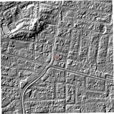 Shaded relief map of the ground around FY52AA, computed from Environment Agency LiDAR. The ground here sits at about 5 m above sea level and falls 4 m across the surrounding 800 m. The ground contributing surface water to this point lies to the north-east.