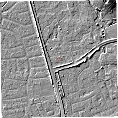 Shaded relief map of the ground around FY52AF, computed from Environment Agency LiDAR. The ground here sits at about 5 m above sea level and falls 9 m across the surrounding 800 m. Surface water reaching this point runs off ground lying to the south-south-west, 2.7 m higher.