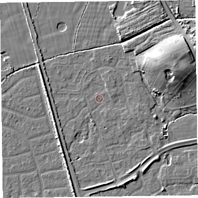 Shaded relief map of the ground around FY52AH, computed from Environment Agency LiDAR. The ground here sits at about 5 m above sea level and falls 11 m across the surrounding 800 m. Surface water reaching this point runs off ground lying to the east-north-east, 9.6 m higher.