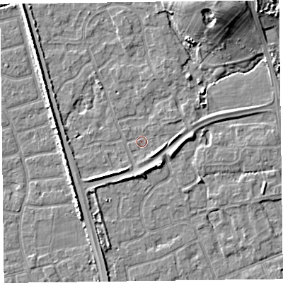 Shaded relief map of the ground around FY52AN, computed from Environment Agency LiDAR. The ground here sits at about 5 m above sea level and falls 11 m across the surrounding 800 m. Surface water reaching this point runs off ground lying to the east, 2.4 m higher.