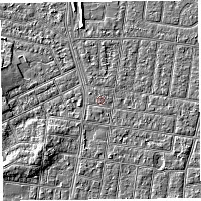 Shaded relief map of the ground around FY52AP, computed from Environment Agency LiDAR. The ground here sits at about 5 m above sea level and falls 5 m across the surrounding 800 m. Surface water reaching this point runs off ground lying to the south, 0.8 m higher.