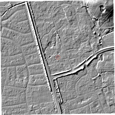 Shaded relief map of the ground around FY52AQ, computed from Environment Agency LiDAR. The ground here sits at about 5 m above sea level and falls 11 m across the surrounding 800 m. Surface water reaching this point runs off ground lying to the east-south-east, 3.5 m higher.