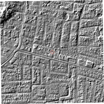 Shaded relief map of the ground around FY52AU, computed from Environment Agency LiDAR. The ground here sits at about 4 m above sea level and falls 4 m across the surrounding 800 m. Surface water reaching this point runs off ground lying to the north-west, 1.4 m higher.