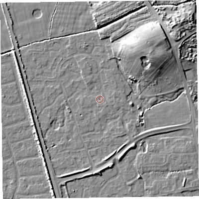 Shaded relief map of the ground around FY52AW, computed from Environment Agency LiDAR. The ground here sits at about 6 m above sea level and falls 11 m across the surrounding 800 m. Surface water reaching this point runs off ground lying to the north-east, 8.6 m higher.