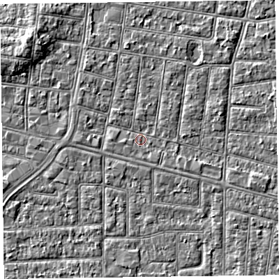 Shaded relief map of the ground around FY52AX, computed from Environment Agency LiDAR. The ground here sits at about 4 m above sea level and falls 4 m across the surrounding 800 m. Surface water reaching this point runs off ground lying to the north-west, 1.4 m higher.