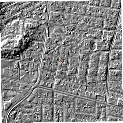 Shaded relief map of the ground around FY52AZ, computed from Environment Agency LiDAR. The ground here sits at about 5 m above sea level and falls 4 m across the surrounding 800 m. Surface water reaching this point runs off ground lying to the north-west, 0.9 m higher.