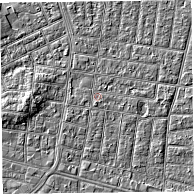 Shaded relief map of the ground around FY52BA, computed from Environment Agency LiDAR. The ground here sits at about 5 m above sea level and falls 4 m across the surrounding 800 m. Surface water reaching this point runs off ground lying to the south-south-west, 1.1 m higher.