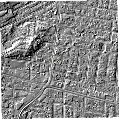 Shaded relief map of the ground around FY52BD, computed from Environment Agency LiDAR. The ground here sits at about 5 m above sea level and falls 4 m across the surrounding 800 m. Surface water reaching this point runs off ground lying to the north-north-west, 0.7 m higher.