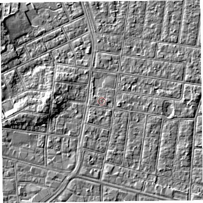 Shaded relief map of the ground around FY52BE, computed from Environment Agency LiDAR. The ground here sits at about 5 m above sea level and falls 4 m across the surrounding 800 m. The ground contributing surface water to this point lies to the east.