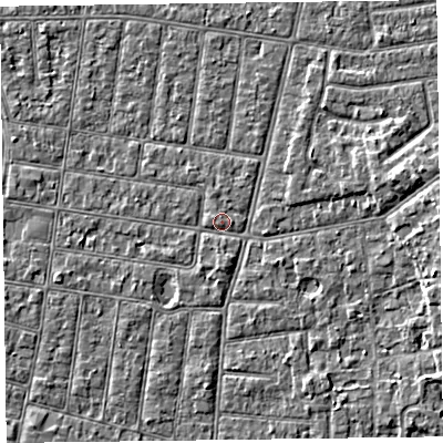 Shaded relief map of the ground around FY52BH, computed from Environment Agency LiDAR. The ground here sits at about 5 m above sea level and falls 4 m across the surrounding 800 m. Surface water reaching this point runs off ground lying to the west-south-west, 1.5 m higher.