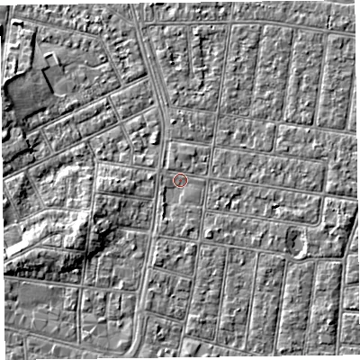 Shaded relief map of the ground around FY52BL, computed from Environment Agency LiDAR. The ground here sits at about 5 m above sea level and falls 4 m across the surrounding 800 m. Surface water reaching this point runs off ground lying to the south-south-west, 0.8 m higher.