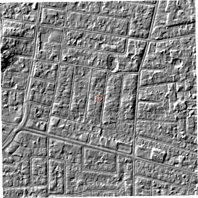 Shaded relief map of the ground around FY52BP, computed from Environment Agency LiDAR. The ground here sits at about 5 m above sea level and falls 3 m across the surrounding 800 m. Surface water reaching this point runs off ground lying to the north-north-east, 0.8 m higher.