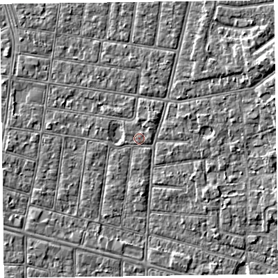 Shaded relief map of the ground around FY52BS, computed from Environment Agency LiDAR. The ground here sits at about 5 m above sea level and falls 4 m across the surrounding 800 m. Surface water reaching this point runs off ground lying to the north-east, 0.8 m higher.