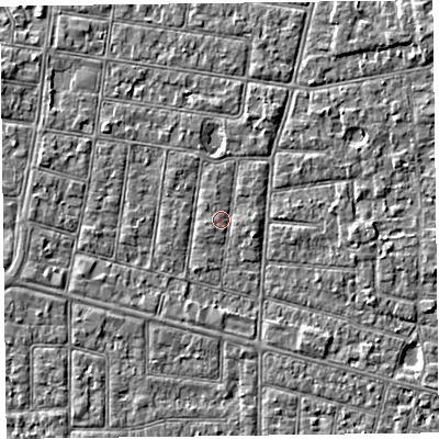 Shaded relief map of the ground around FY52BT, computed from Environment Agency LiDAR. The ground here sits at about 5 m above sea level and falls 4 m across the surrounding 800 m. Surface water reaching this point runs off ground lying to the east, 0.7 m higher.
