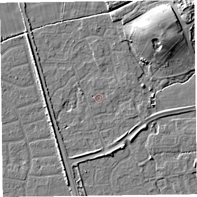 Shaded relief map of the ground around FY52BU, computed from Environment Agency LiDAR. The ground here sits at about 5 m above sea level and falls 11 m across the surrounding 800 m. Surface water reaching this point runs off ground lying to the south-south-east, 3.9 m higher.