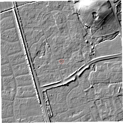 Shaded relief map of the ground around FY52BX, computed from Environment Agency LiDAR. The ground here sits at about 5 m above sea level and falls 11 m across the surrounding 800 m. Surface water reaching this point runs off ground lying to the south-east, 3.4 m higher.