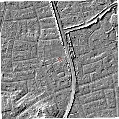 Shaded relief map of the ground around FY52BY, computed from Environment Agency LiDAR. The ground here sits at about 5 m above sea level and falls 6 m across the surrounding 800 m. Surface water reaching this point runs off ground lying to the north, 3.2 m higher.