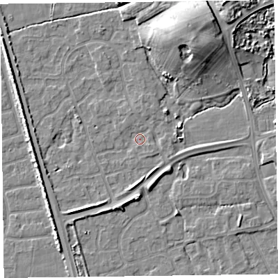 Shaded relief map of the ground around FY52BZ, computed from Environment Agency LiDAR. The ground here sits at about 5 m above sea level and falls 11 m across the surrounding 800 m. Surface water reaching this point runs off ground lying to the north, 1.4 m higher.