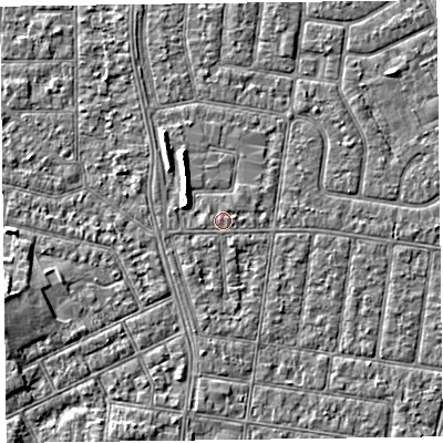 Shaded relief map of the ground around FY52DA, computed from Environment Agency LiDAR. The ground here sits at about 5 m above sea level and falls 5 m across the surrounding 800 m. The ground contributing surface water to this point lies to the east-north-east.