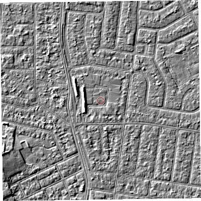 Shaded relief map of the ground around FY52DB, computed from Environment Agency LiDAR. The ground here sits at about 5 m above sea level and falls 5 m across the surrounding 800 m. Surface water reaching this point runs off ground lying to the west, 4.6 m higher.