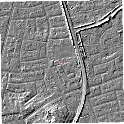 Shaded relief map of the ground around FY52DD, computed from Environment Agency LiDAR. The ground here sits at about 5 m above sea level and falls 6 m across the surrounding 800 m. Surface water reaching this point runs off ground lying to the north-north-east, 3.2 m higher.