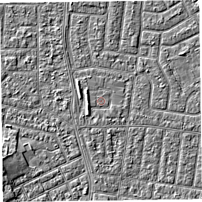 Shaded relief map of the ground around FY52DE, computed from Environment Agency LiDAR. The ground here sits at about 5 m above sea level and falls 5 m across the surrounding 800 m. Surface water reaching this point runs off ground lying to the west-south-west, 4.6 m higher.