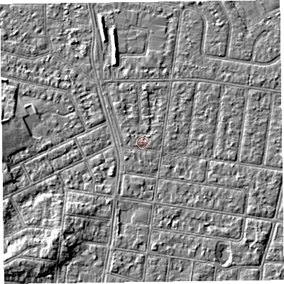 Shaded relief map of the ground around FY52DH, computed from Environment Agency LiDAR. The ground here sits at about 5 m above sea level and falls 5 m across the surrounding 800 m. Surface water reaching this point runs off ground lying to the west-north-west, 0.7 m higher.