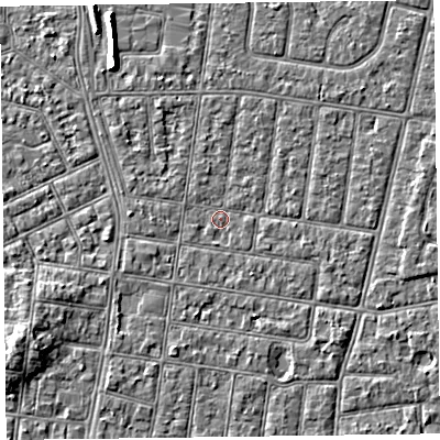 Shaded relief map of the ground around FY52DL, computed from Environment Agency LiDAR. The ground here sits at about 5 m above sea level and falls 5 m across the surrounding 800 m. Surface water reaching this point runs off ground lying to the west-south-west, 0.6 m higher.