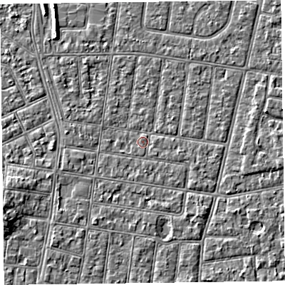 Shaded relief map of the ground around FY52DN, computed from Environment Agency LiDAR. The ground here sits at about 5 m above sea level and falls 5 m across the surrounding 800 m. Surface water reaching this point runs off ground lying to the east-south-east, 0.7 m higher.