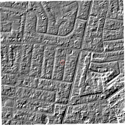 Shaded relief map of the ground around FY52DP, computed from Environment Agency LiDAR. The ground here sits at about 5 m above sea level and falls 4 m across the surrounding 800 m. Surface water reaching this point runs off ground lying to the east-north-east, 0.8 m higher.