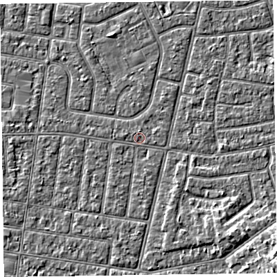 Shaded relief map of the ground around FY52DR, computed from Environment Agency LiDAR. The ground here sits at about 5 m above sea level and falls 5 m across the surrounding 800 m. Surface water reaching this point runs off ground lying to the north, 0.6 m higher.