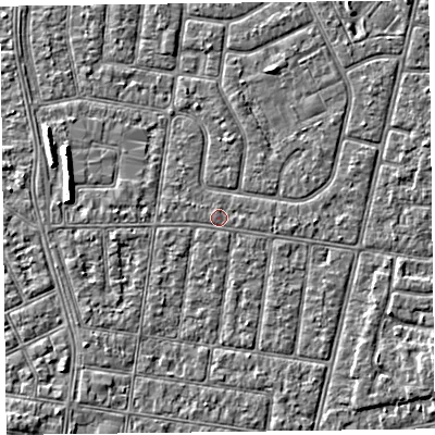 Shaded relief map of the ground around FY52DS, computed from Environment Agency LiDAR. The ground here sits at about 5 m above sea level and falls 5 m across the surrounding 800 m. The ground contributing surface water to this point lies to the east.