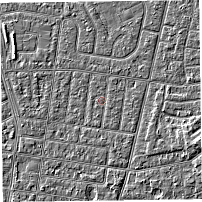 Shaded relief map of the ground around FY52DT, computed from Environment Agency LiDAR. The ground here sits at about 5 m above sea level and falls 5 m across the surrounding 800 m. The ground contributing surface water to this point lies to the north-north-east.