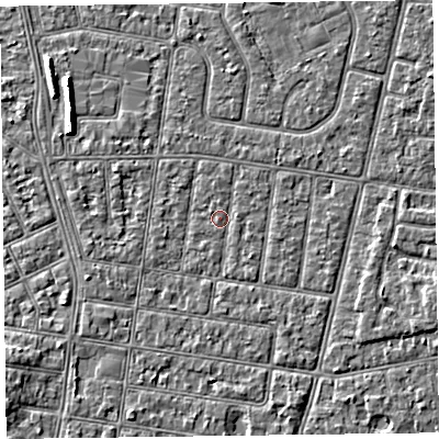 Shaded relief map of the ground around FY52DU, computed from Environment Agency LiDAR. The ground here sits at about 5 m above sea level and falls 5 m across the surrounding 800 m. Surface water reaching this point runs off ground lying to the west, 1.2 m higher.