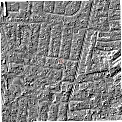 Shaded relief map of the ground around FY52DW, computed from Environment Agency LiDAR. The ground here sits at about 5 m above sea level and falls 5 m across the surrounding 800 m. Surface water reaching this point runs off ground lying to the west-north-west, 1.2 m higher.