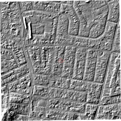 Shaded relief map of the ground around FY52DX, computed from Environment Agency LiDAR. The ground here sits at about 5 m above sea level and falls 5 m across the surrounding 800 m. Surface water reaching this point runs off ground lying to the west, 1.2 m higher.