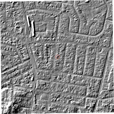 Shaded relief map of the ground around FY52DY, computed from Environment Agency LiDAR. The ground here sits at about 5 m above sea level and falls 5 m across the surrounding 800 m. Surface water reaching this point runs off ground lying to the west, 1.2 m higher.