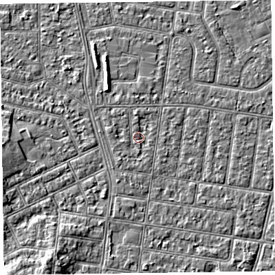 Shaded relief map of the ground around FY52EA, computed from Environment Agency LiDAR. The ground here sits at about 5 m above sea level and falls 5 m across the surrounding 800 m. Surface water reaching this point runs off ground lying to the west-north-west, 1.2 m higher.