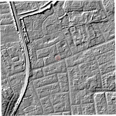 Shaded relief map of the ground around FY52EH, computed from Environment Agency LiDAR. The ground here sits at about 5 m above sea level and falls 5 m across the surrounding 800 m. Surface water reaching this point runs off ground lying to the west-north-west, 2.0 m higher.