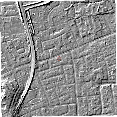 Shaded relief map of the ground around FY52EJ, computed from Environment Agency LiDAR. The ground here sits at about 5 m above sea level and falls 7 m across the surrounding 800 m. Surface water reaching this point runs off ground lying to the north-west, 2.0 m higher.
