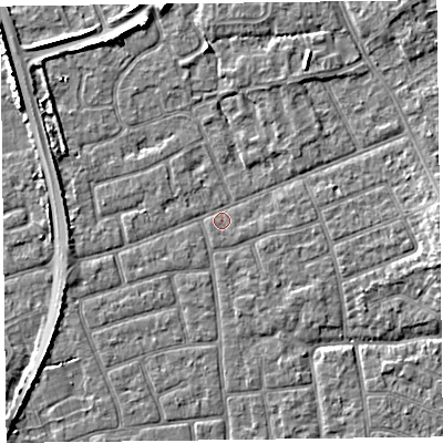 Shaded relief map of the ground around FY52EL, computed from Environment Agency LiDAR. The ground here sits at about 5 m above sea level and falls 5 m across the surrounding 800 m. Surface water reaching this point runs off ground lying to the north-north-west, 4.7 m higher.
