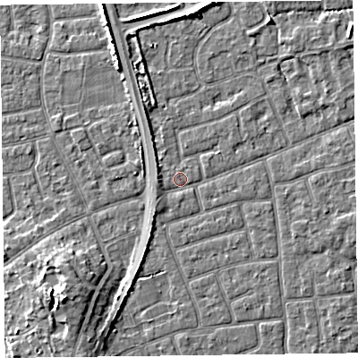 Shaded relief map of the ground around FY52EQ, computed from Environment Agency LiDAR. The ground here sits at about 5 m above sea level and falls 7 m across the surrounding 800 m. Surface water reaching this point runs off ground lying to the west-north-west, 1.4 m higher.