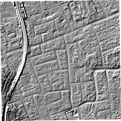 Shaded relief map of the ground around FY52ER, computed from Environment Agency LiDAR. The ground here sits at about 5 m above sea level and falls 7 m across the surrounding 800 m. Surface water reaching this point runs off ground lying to the west, 0.6 m higher.