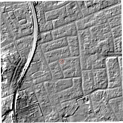 Shaded relief map of the ground around FY52ES, computed from Environment Agency LiDAR. The ground here sits at about 5 m above sea level and falls 8 m across the surrounding 800 m. Surface water reaching this point runs off ground lying to the west-north-west, 0.6 m higher.