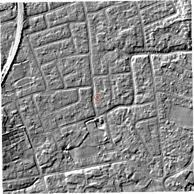 Shaded relief map of the ground around FY52EU, computed from Environment Agency LiDAR. The ground here sits at about 5 m above sea level and falls 5 m across the surrounding 800 m. Surface water reaching this point runs off ground lying to the north-north-east, 0.9 m higher.