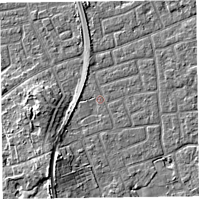 Shaded relief map of the ground around FY52EW, computed from Environment Agency LiDAR. The ground here sits at about 5 m above sea level and falls 8 m across the surrounding 800 m. Surface water reaching this point runs off ground lying to the south-west, 3.7 m higher.