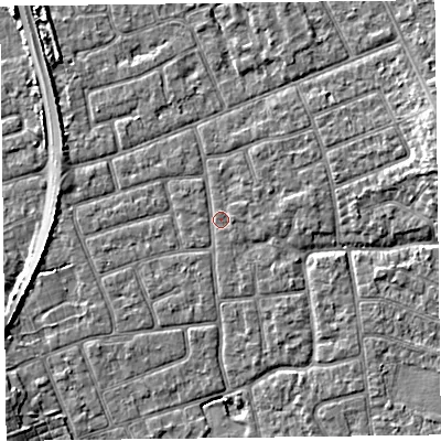 Shaded relief map of the ground around FY52EX, computed from Environment Agency LiDAR. The ground here sits at about 5 m above sea level and falls 5 m across the surrounding 800 m. Surface water reaching this point runs off ground lying to the east-north-east, 3.0 m higher.
