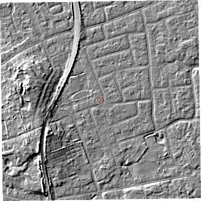 Shaded relief map of the ground around FY52EY, computed from Environment Agency LiDAR. The ground here sits at about 5 m above sea level and falls 8 m across the surrounding 800 m. The ground contributing surface water to this point lies to the north.