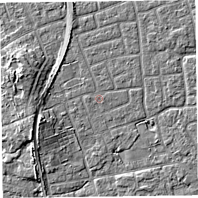 Shaded relief map of the ground around FY52EZ, computed from Environment Agency LiDAR. The ground here sits at about 5 m above sea level and falls 8 m across the surrounding 800 m. Surface water reaching this point runs off ground lying to the west, 0.7 m higher.